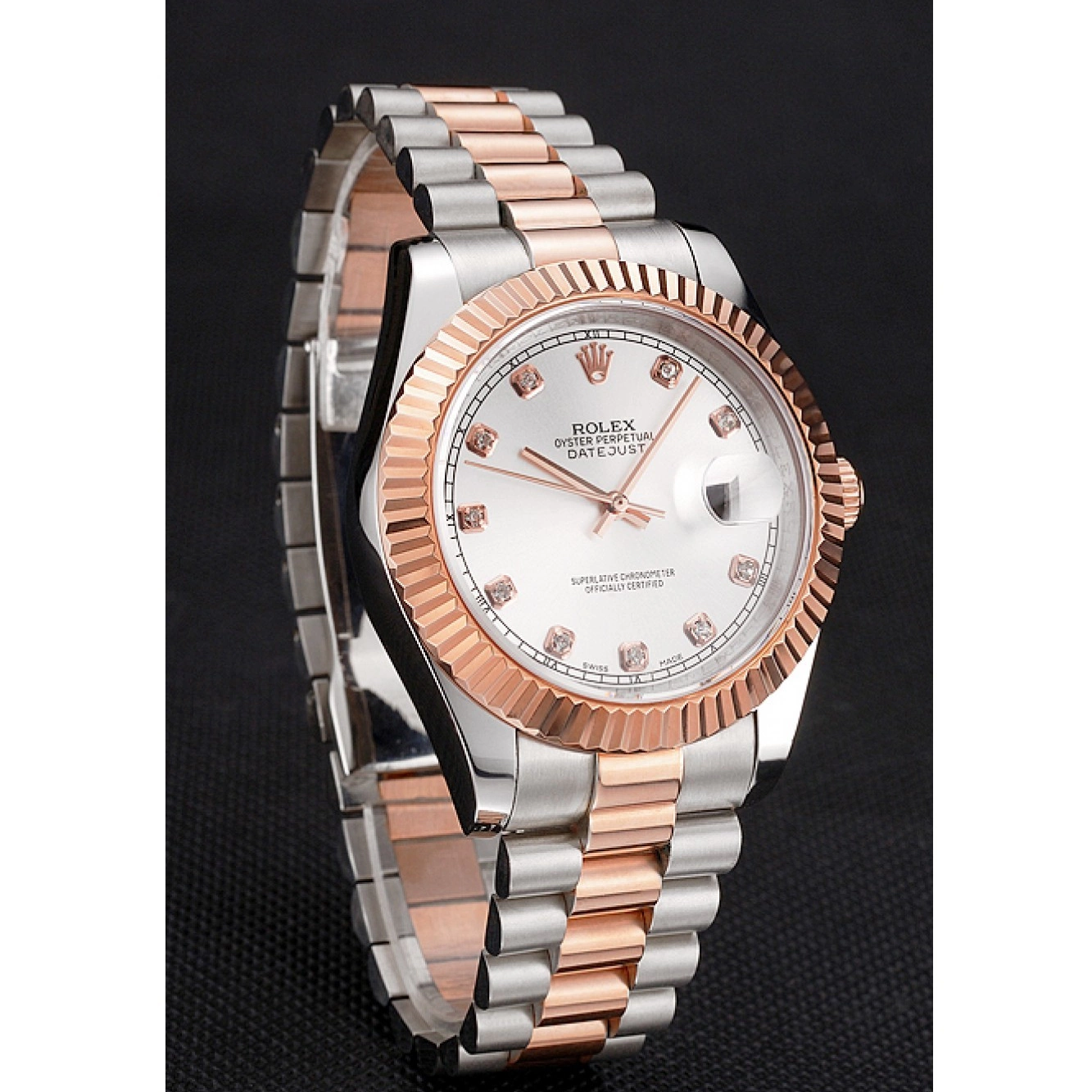 Rolex copies cheap Stainless Datejust White Case Swiss Bezel Dial Gold Steel Tone Rose Two Bracelet Rolex 0717